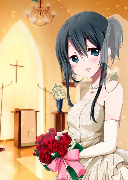 Anime picture 800x1122 with original ragho no erika single long hair tall image looking at viewer blue eyes black hair ponytail indoors wedding girl dress gloves flower (flowers) elbow gloves white gloves rose (roses) bouquet wedding dress