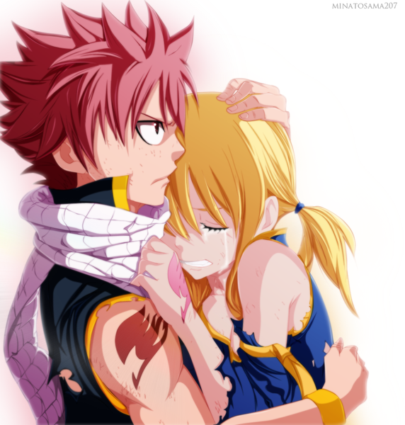 Anime picture 956x1003 with fairy tail lucy heartfilia natsu dragneel minatosama207 long hair tall image short hair simple background blonde hair white background pink hair eyes closed profile pink eyes tattoo hug tears coloring torn clothes muscle