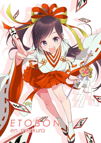 Anime picture 1254x1771 with original morikura en single tall image blush open mouth black hair ponytail very long hair traditional clothes japanese clothes from above shadow grey eyes legs hieroglyph new year nontraditional miko girl ribbon (ribbons)