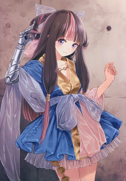 Anime picture 4869x6969 with original kishida mel single long hair tall image looking at viewer blush highres black hair smile purple eyes pink hair absurdres multicolored hair two-tone hair streaked hair hair rings against wall mechanical arms girl