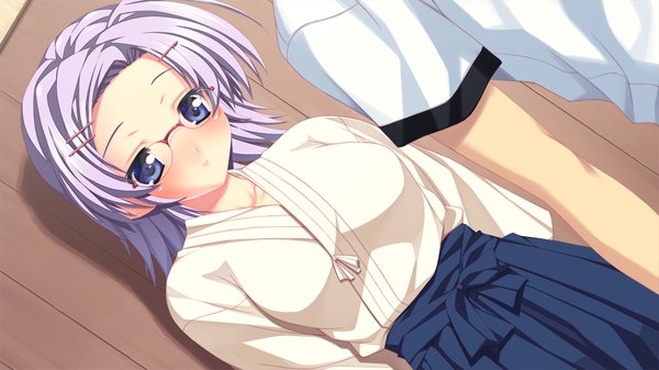 Anime picture 1280x720 with kozukuri shiyou yo souma-kun blush short hair blue eyes wide image game cg purple hair traditional clothes girl boy glasses