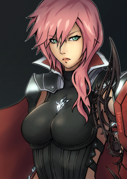 Anime picture 744x1052 with final fantasy final fantasy xiii square enix lightning farron hananon single long hair tall image looking at viewer fringe breasts simple background green eyes pink hair black background girl clothes