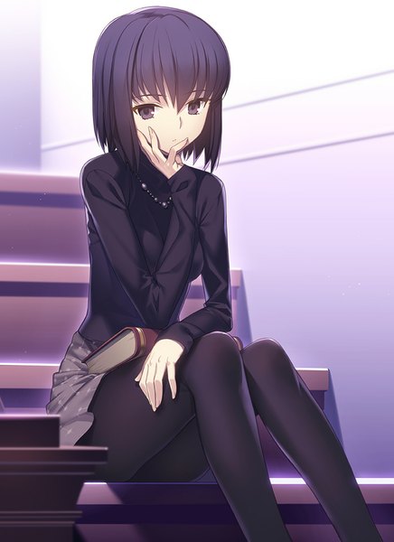 Anime picture 700x963 with mahou tsukai no yoru type-moon kuonji alice yangsion single tall image looking at viewer fringe short hair sitting purple eyes purple hair bent knee (knees) polka dot hand on face girl skirt pantyhose necklace