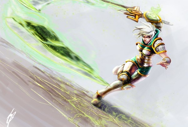 Anime picture 1241x845 with league of legends riven (league of legends) carlos eduardo single short hair looking away white hair lips orange eyes girl weapon sword armor