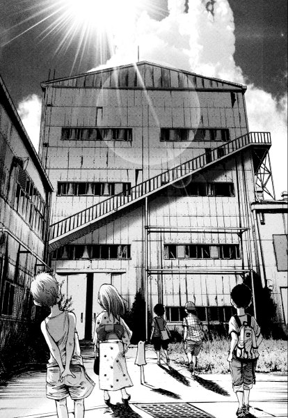 Anime picture 829x1200 with oyasumi punpun punpun aiko tanaka asano inio tall image short hair sky cloud (clouds) traditional clothes japanese clothes from behind sunlight scan multiple boys holding hands monochrome hands behind back girl boy building (buildings)