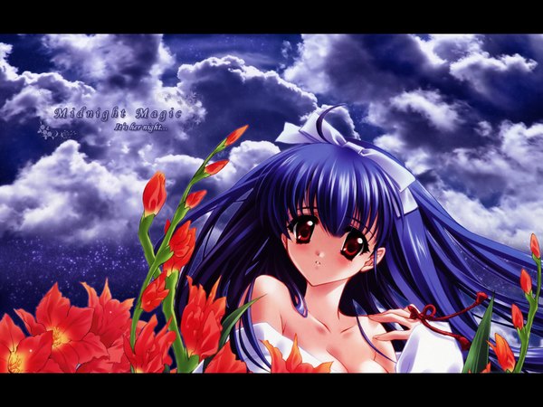 Anime picture 1600x1200 with touka gettan kawakabe momoka carnelian jamkuradoberi single long hair fringe breasts red eyes large breasts bare shoulders cleavage purple hair cloud (clouds) parted lips text letterboxed english third-party edit girl