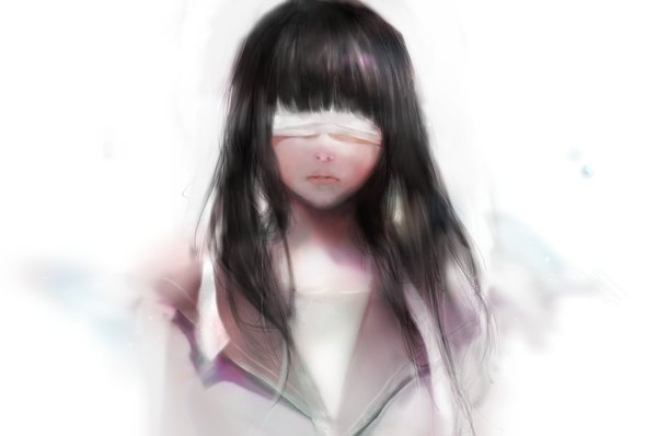 Anime picture 1276x848 with original tlmarum single long hair fringe black hair simple background white background blindfold bandage over eyes girl uniform serafuku