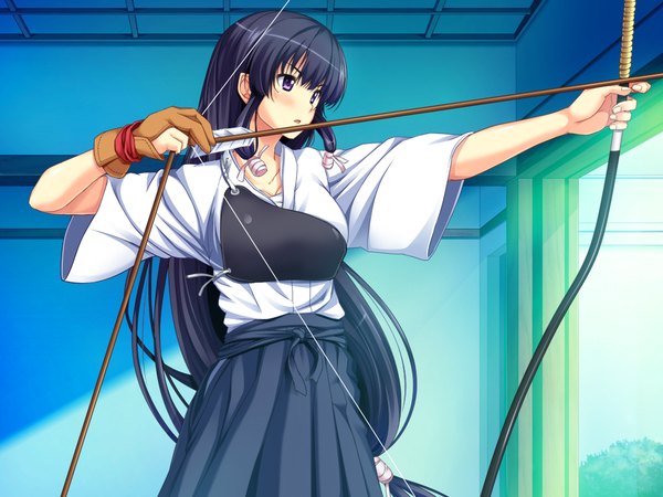 Anime picture 1024x768 with spocon! terashima madoka marushin (denwa0214) long hair blush black hair purple eyes game cg girl bow (weapon)