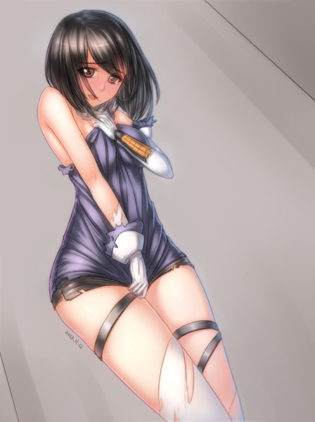 Anime picture 905x1211 with kantai collection haguro heavy cruiser qingmingtongzi single tall image short hair open mouth light erotic black hair brown eyes looking away torn clothes girl thighhighs gloves white thighhighs