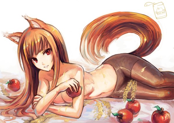 Anime picture 4093x2894 with spice and wolf horo saimon ma single long hair blush highres breasts open mouth light erotic smile red eyes brown hair white background bare shoulders animal ears absurdres tail lying animal tail