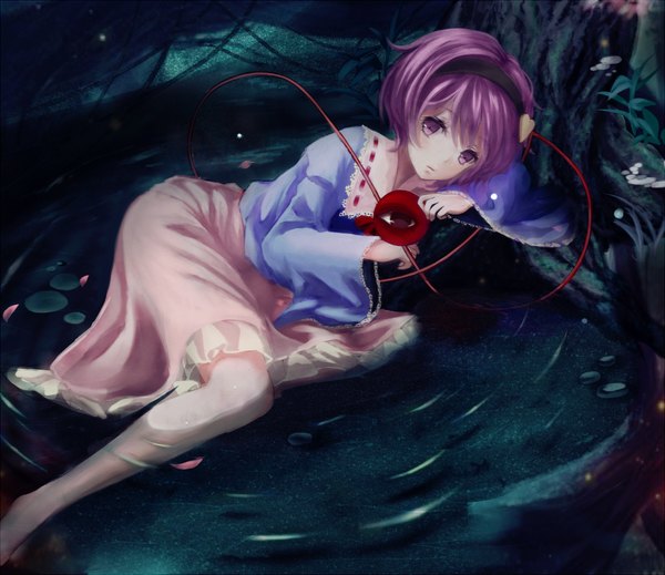 Anime picture 1156x1000 with touhou komeiji satori bou shaku single short hair purple eyes purple hair barefoot reclining eyes girl dress petals water hairband