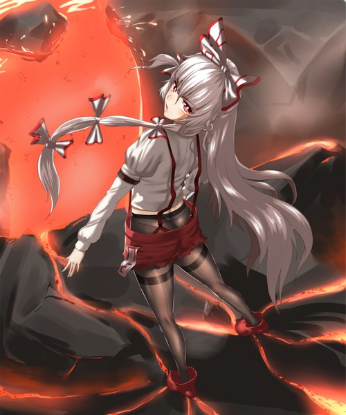 Anime picture 1542x1850 with touhou fujiwara no mokou hk (hak) single tall image looking at viewer fringe open mouth light erotic red eyes standing silver hair ass long sleeves very long hair from above puffy sleeves torn clothes outstretched arm legwear under shorts