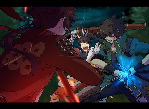 Anime picture 1200x879 with sengoku basara production i.g date masamune sanada yukimura maeda keiji yumekichi long hair short hair open mouth black hair brown hair ponytail multiple boys grin letterboxed group battle boy ribbon (ribbons) weapon