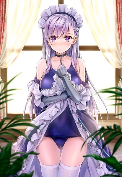 Anime picture 700x1017 with azur lane belfast (azur lane) kotatsu (kotatsu358) single long hair tall image looking at viewer blush fringe breasts light erotic large breasts standing purple eyes bare shoulders silver hair indoors braid (braids) long sleeves blurry