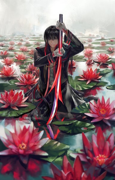 Anime picture 1011x1580 with d.gray-man kanda yuu kzcjimmy single long hair tall image fringe black hair one eye closed wink grey eyes boy gloves flower (flowers) ribbon (ribbons) weapon sword water white gloves katana