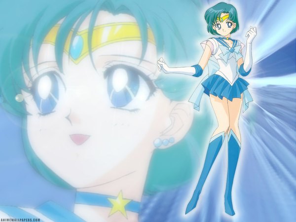 Anime picture 1024x768 with bishoujo senshi sailor moon toei animation mizuno ami blue eyes smile aqua hair wallpaper girl gloves bow earrings elbow gloves thigh boots