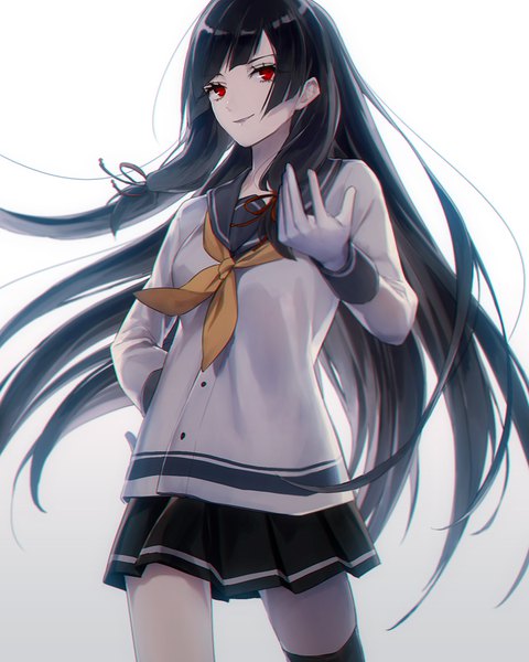 Anime picture 900x1125 with kantai collection isokaze destroyer sayori (artist) single long hair tall image fringe black hair simple background smile red eyes payot pleated skirt arm up hand on hip gradient background floating hair tress ribbon girl skirt