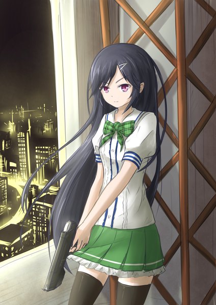 Anime picture 1240x1754 with mahou sensou madhouse aiba mui asakurashinji single long hair tall image looking at viewer fringe black hair standing purple eyes holding pleated skirt night zettai ryouiki girl thighhighs skirt uniform