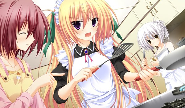 Anime picture 1024x600 with sora to kumo to kimi no koi long hair blush short hair blonde hair wide image purple eyes twintails multiple girls yellow eyes game cg white hair red hair cooking girl ribbon (ribbons) hair ribbon 3 girls apron