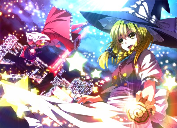 Anime picture 1200x867 with touhou hakurei reimu kirisame marisa ryosios short hair black hair blonde hair red eyes multiple girls yellow eyes braid (braids) magic miko witch girl bow 2 girls hair bow detached sleeves star (symbol)