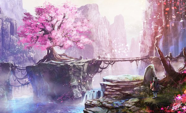 Anime picture 1962x1200 with original rapt (47256) single highres short hair wide image signed animal ears sky silver hair outdoors wind cat ears cherry blossoms dated rock waterfall spring flower (flowers) plant (plants)