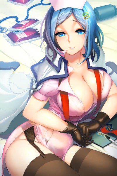 Anime picture 800x1200 with sword girls snowball22 single long hair tall image breasts blue eyes light erotic large breasts blue hair cleavage nurse girl thighhighs gloves black thighhighs nurse cap