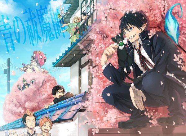 Anime picture 2500x1828 with ao no exorcist a-1 pictures okumura rin okumura yukio moriyama shiemi shima renzou suguro ryuuji mephisto pheles miwa konekomaru amaimon kamiki geji (artist) highres short hair open mouth blue eyes black hair multiple girls japanese clothes multicolored hair