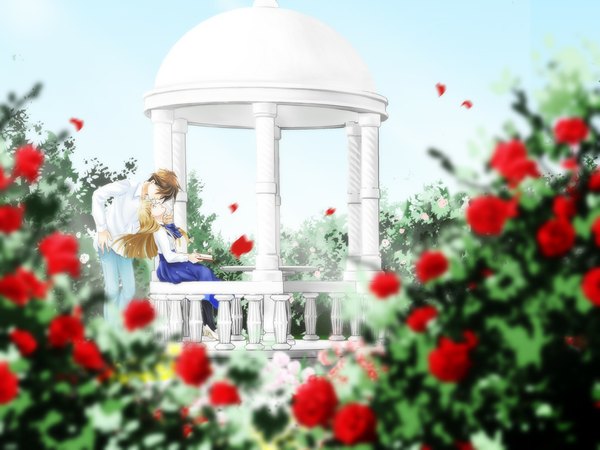 Anime picture 1024x768 with mobile suit gundam gundam wing sunrise (studio) relena peacecraft heero yui rei (pixiv442843) long hair short hair blue eyes blonde hair brown hair standing sitting sky wind couple face to face girl boy flower (flowers)