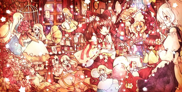 Anime picture 1952x992 with touhou hakurei reimu kirisame marisa izayoi sakuya alice margatroid shanghai hieda no akyuu hanada hyou highres short hair open mouth blonde hair smile brown hair wide image multiple girls profile hair flower girl hair ornament