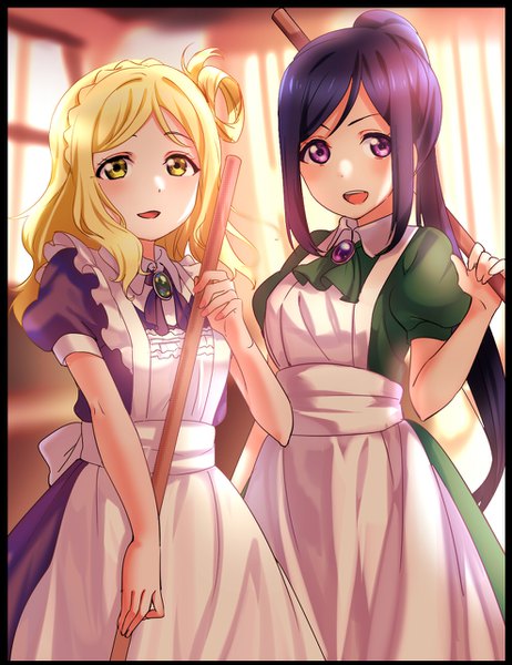 Anime picture 987x1280 with love live! sunshine!! sunrise (studio) love live! matsuura kanan ohara mari yumesaki nana tall image blush short hair open mouth blonde hair smile standing purple eyes multiple girls holding yellow eyes purple hair ponytail indoors