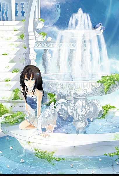 Anime picture 750x1102 with original hachiretsu single long hair tall image looking at viewer fringe blue eyes brown hair bent knee (knees) leaning leaning forward wet clothes girl dress hair ornament flower (flowers) plant (plants) animal water