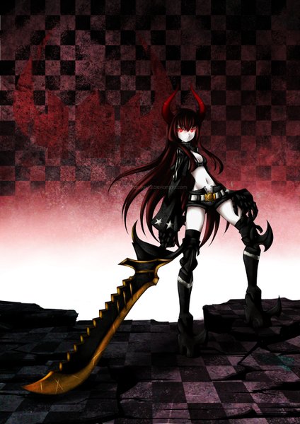 Anime picture 1024x1448 with black rock shooter black gold saw qrullgx13 (artist) single long hair tall image black hair red eyes cleavage red hair multicolored hair horn (horns) open clothes open jacket midriff text glowing demon girl glowing eye (eyes) checkered floor