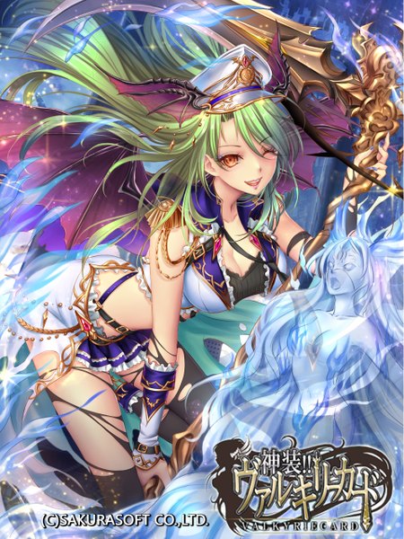 Anime picture 960x1280 with syrinxwell311 single long hair tall image looking at viewer open mouth smile one eye closed green hair wink orange eyes girl thighhighs weapon black thighhighs scythe