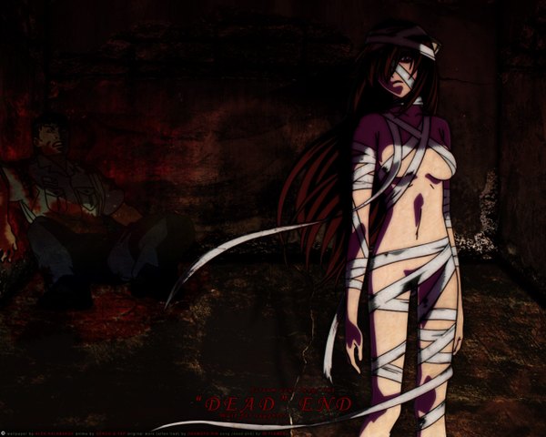 Anime picture 1280x1024 with elfen lied arms corporation lucy long hair looking at viewer fringe breasts light erotic bare shoulders red hair censored hair over one eye inscription bare belly dark background convenient censoring serious partial nude guro naked bandage