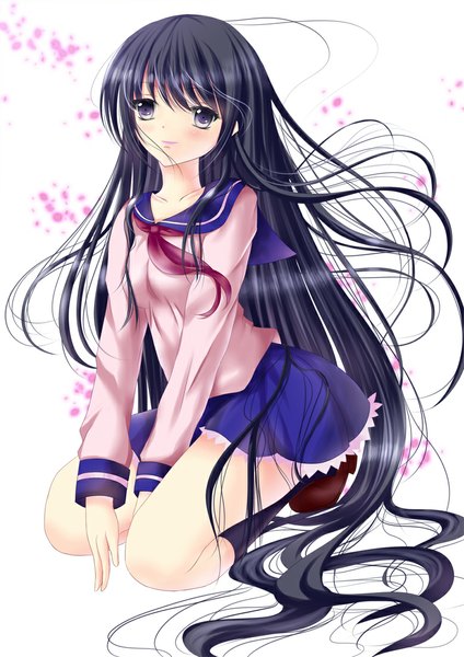 Anime picture 778x1100 with original toshi (1-147) single tall image looking at viewer black hair simple background white background purple eyes very long hair girl skirt serafuku