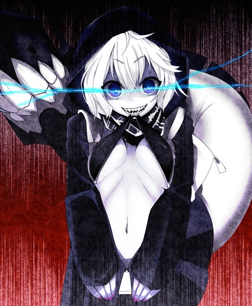 Anime picture 1191x1444 with kantai collection re-class battleship baicha single tall image looking at viewer short hair breasts open mouth blue eyes light erotic smile white hair tail teeth glowing glowing eye (eyes) red background shinkaisei-kan girl