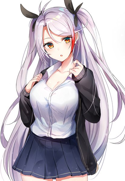 Anime picture 800x1158 with azur lane prinz eugen (azur lane) luse maonang single long hair tall image looking at viewer blush fringe breasts open mouth simple background hair between eyes large breasts standing white background cleavage silver hair ahoge long sleeves