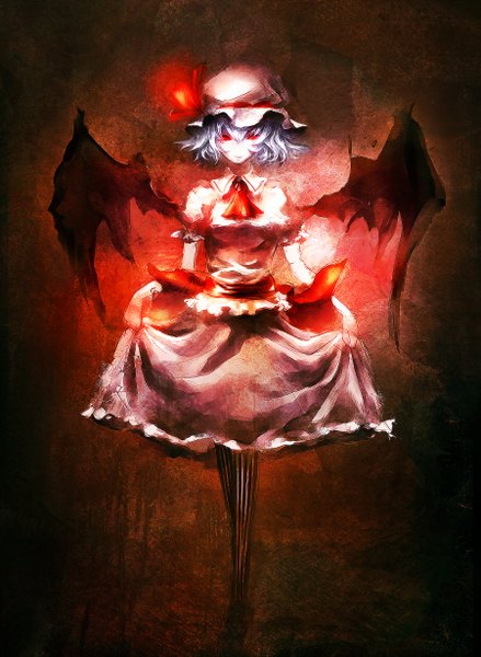 Anime picture 900x1229 with touhou remilia scarlet iori (yakata-bako) single tall image short hair red eyes purple hair glowing skirt lift glowing eye (eyes) bat wings vampire girl skirt bow wings bonnet