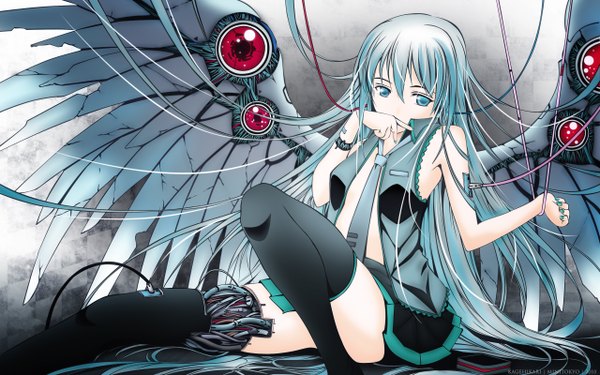 Anime picture 2560x1600 with vocaloid hatsune miku tagme (artist) long hair highres blue eyes light erotic wide image blue hair mechanical wings mechanical parts girl thighhighs wings necktie wire (wires)