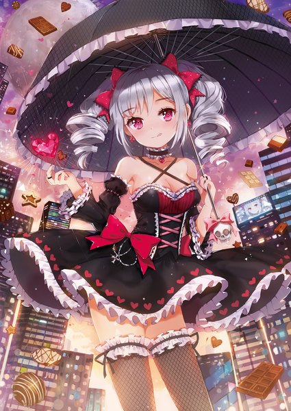 Anime picture 1000x1412 with idolmaster idolmaster cinderella girls kanzaki ranko dangmill single long hair tall image blush fringe smile standing twintails holding sky silver hair pink eyes sunlight night night sky city