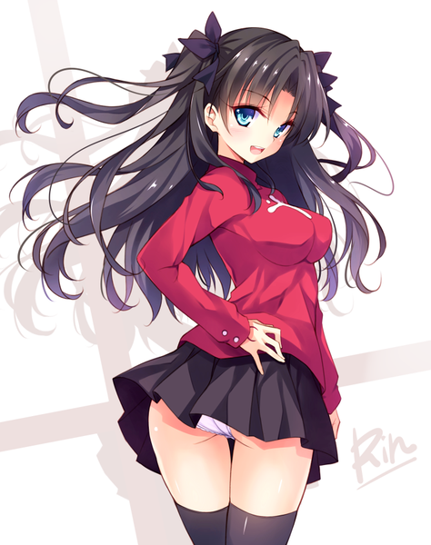 Anime picture 712x900 with fate (series) fate/stay night type-moon toosaka rin hayakawa harui single long hair tall image blush open mouth blue eyes light erotic black hair smile white background twintails pleated skirt looking back shadow pantyshot