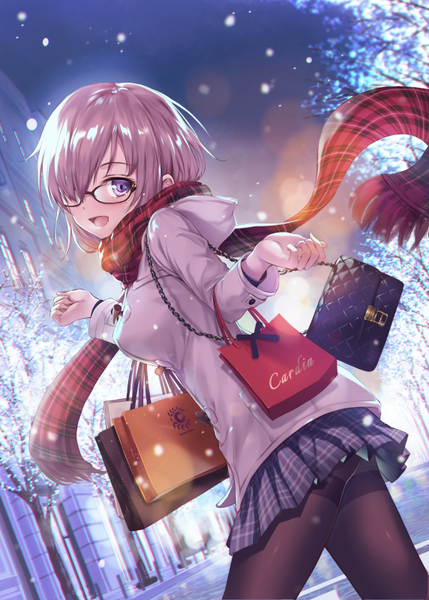 Anime picture 572x800 with fate (series) fate/grand order mash kyrielight ouka (ra-raradan) single tall image looking at viewer fringe short hair open mouth light erotic purple eyes pink hair outdoors :d pleated skirt hair over one eye happy winter girl