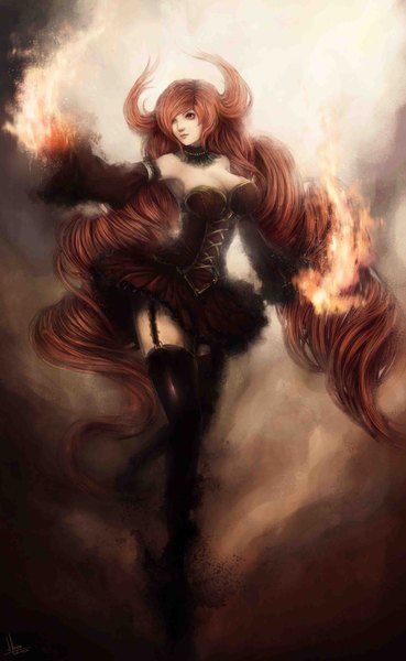 Anime picture 2500x4063 with original kuon (kwonchanji) single tall image fringe highres red eyes looking away red hair very long hair hair over one eye drill hair girl thighhighs dress black thighhighs detached sleeves choker fire