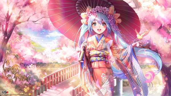 Anime picture 1920x1080 with vocaloid hatsune miku kyjsogom single looking at viewer blush highres open mouth wide image standing twintails payot blue hair cloud (clouds) traditional clothes japanese clothes hair flower aqua eyes sunlight wide sleeves