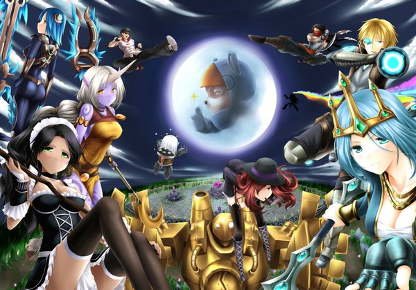 Anime picture 1680x1175 with league of legends miss fortune (league of legends) ashe (league of legends) nidalee (league of legends) teemo (league of legends) irelia (league of legends) soraka (league of legends) ezreal (league of legends) tristana (league of legends) blitzcrank (league of legends) talon (league of legends) lee sin (league of legends) singed (league of legends) makxma long hair blush short hair breasts blue eyes black hair