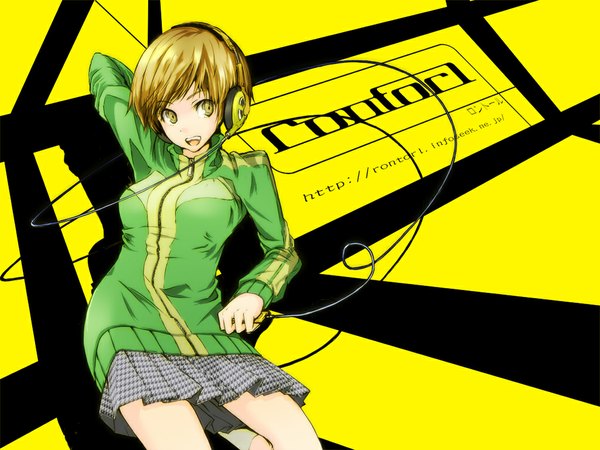 Anime picture 1024x768 with persona 4 persona satonaka chie short hair tomboy headphones track jacket