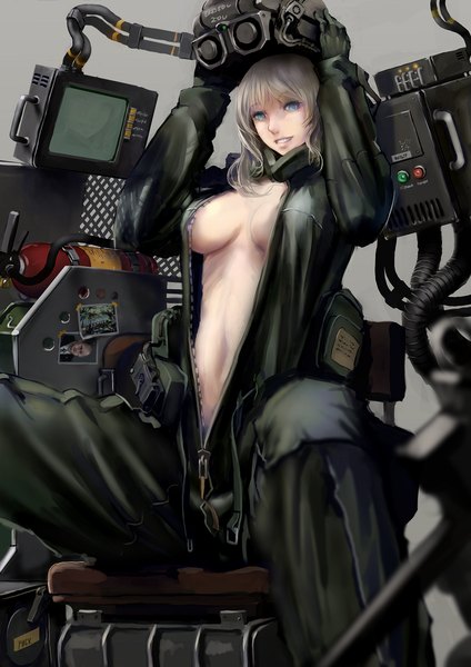 Anime picture 798x1128 with original jittsu single tall image short hair breasts blue eyes light erotic smile sitting silver hair girl gloves uniform military uniform helmet fire extinguisher