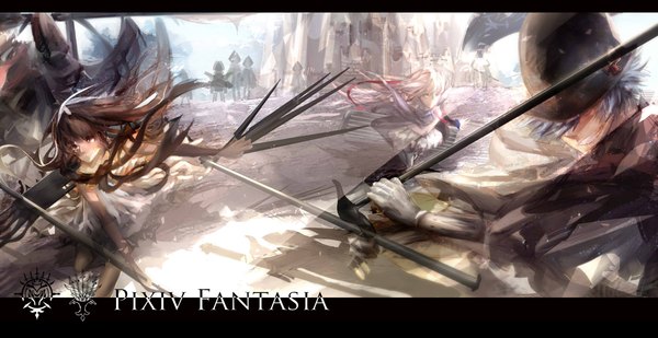 Anime picture 2300x1185 with original pixiv fantasia pixiv fantasia fallen kings an long hair looking at viewer fringe highres short hair smile brown hair wide image purple eyes multiple girls holding brown eyes blue hair looking away pink hair fighting stance