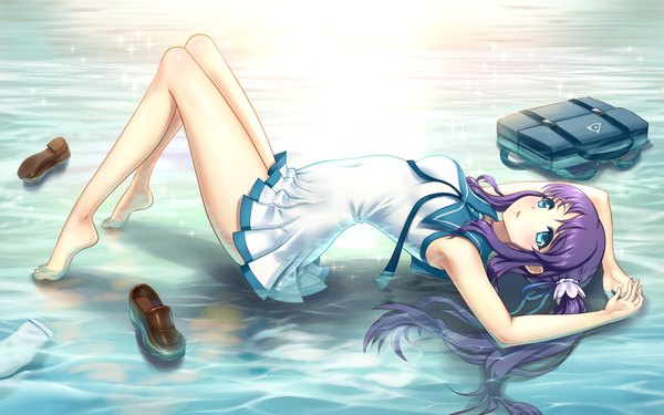 Anime picture 1920x1200 with nagi no asukara p.a. works hiradaira chisaki youbou single long hair blush highres blue eyes purple hair barefoot side ponytail revision girl dress uniform school uniform water shoes school bag