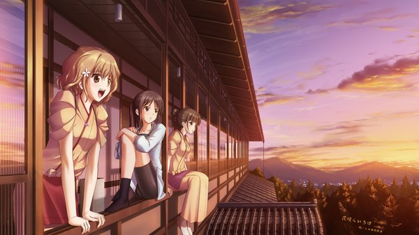 Anime picture 1920x1080 with hanasaku iroha p.a. works matsumae ohana oshimizu nako tsurugi minko shirakawa mayo (artist) long hair highres short hair open mouth black hair smile brown hair wide image sitting multiple girls brown eyes sky cloud (clouds) evening